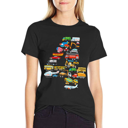 Kids 4th Birthday For Boys Cars Vehicles Fire Truck Airplane  Durable T-Shirt