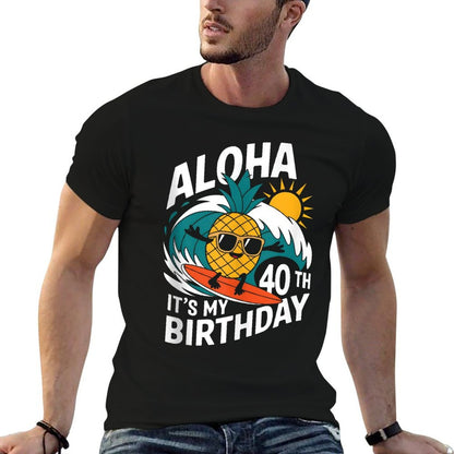 Aloha 40th Birthday Hawaii Pineapple Surfing Tropical Beach  Rolled Sleeves T-Shirt