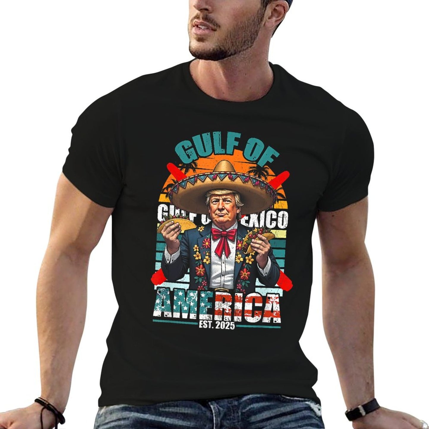 Trump Tacos Cinco De Mayo Shirt Gulf Of Us America Est 2025 Ribbed Collar T-Shirt