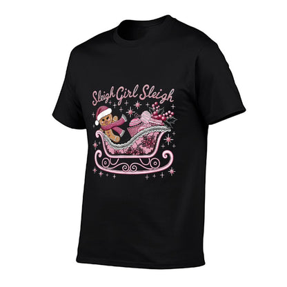 Groovy Pink Christmas Candy Sleigh Girl Gingerbread Holiday  Cotton T-Shirt
