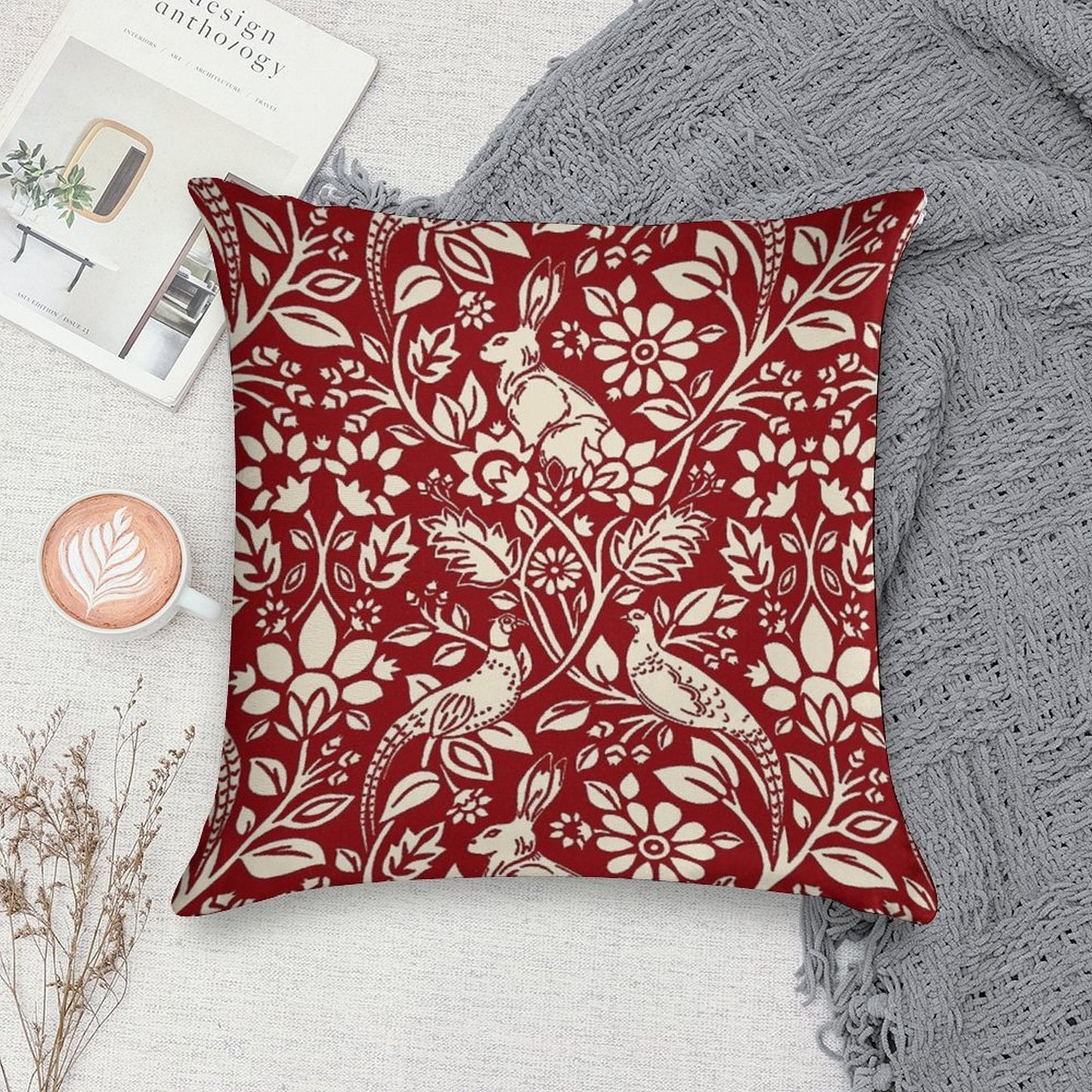 Pheasant And Hare Pattern, Deep Red And Cream Soft Gift Ready Throw Pillow