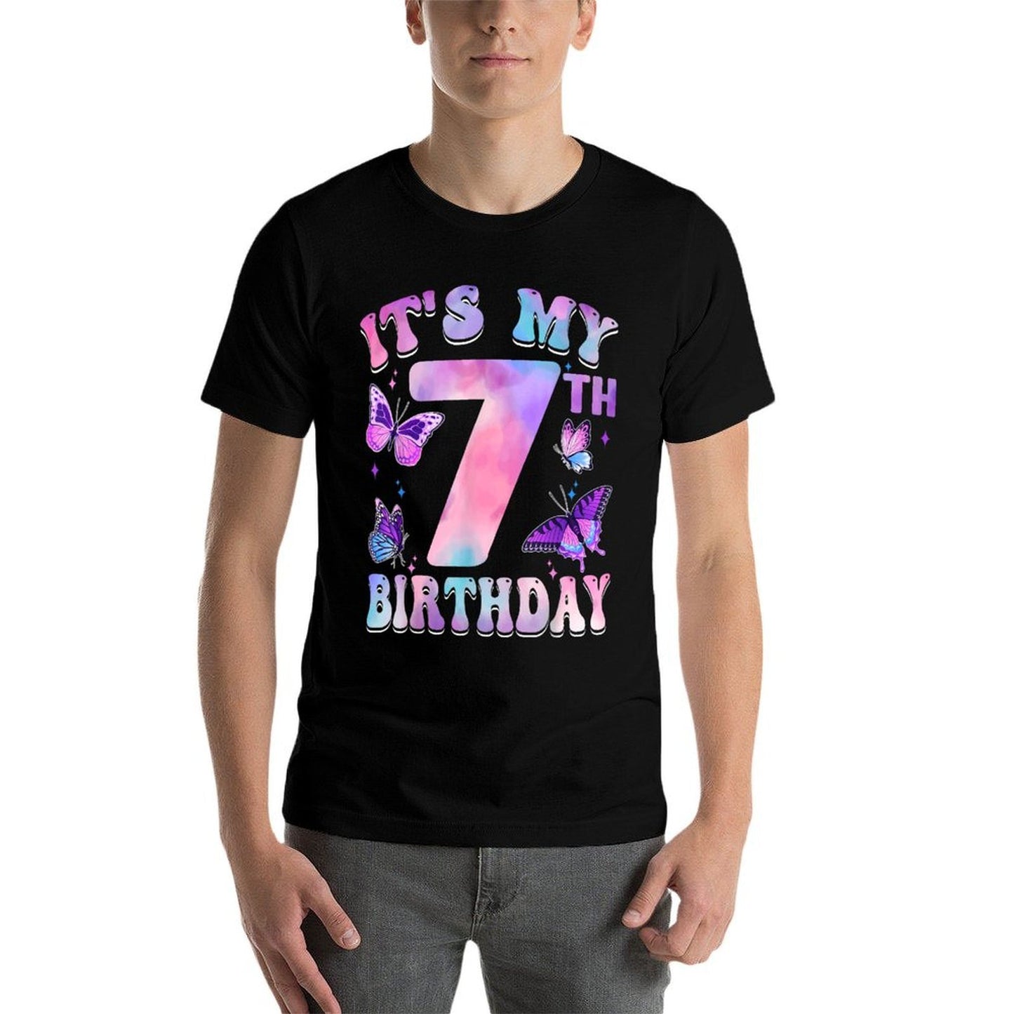 It's My 7th Birthday Butterfly Theme 7 Year Old Party Girl  Fade-proof Color T-Shirt