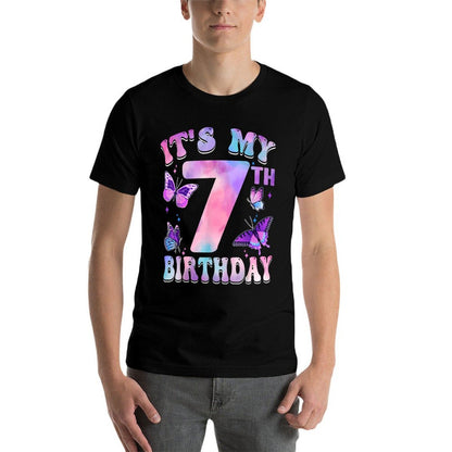 It's My 7th Birthday Butterfly Theme 7 Year Old Party Girl  Fade-proof Color T-Shirt
