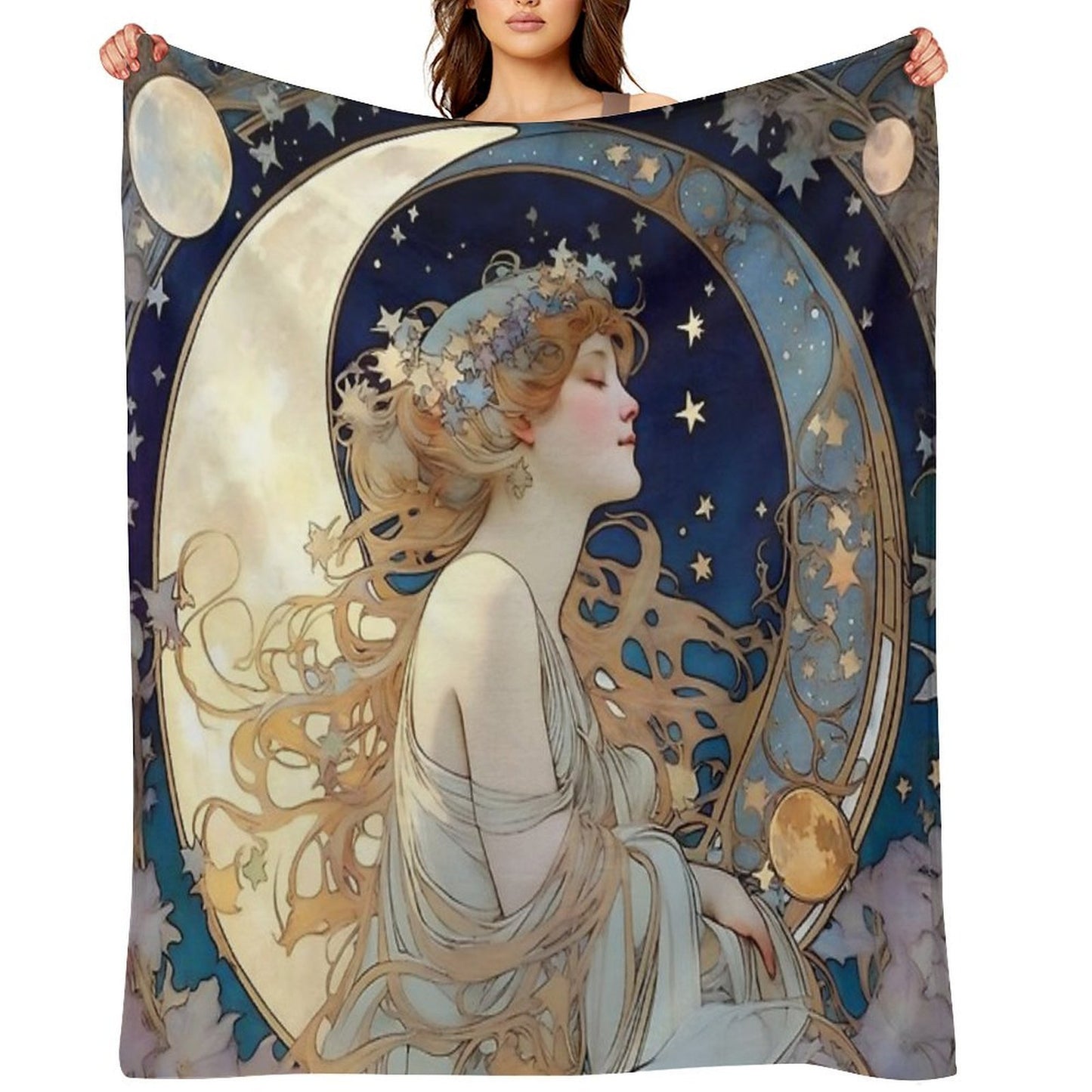 Celestial Dreams Alphonse Mucha Inspired Moon And Stars Plush Throw Blanket