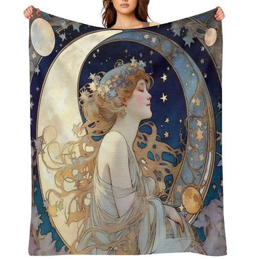 Celestial Dreams Alphonse Mucha Inspired Moon And Stars Plush Throw Blanket