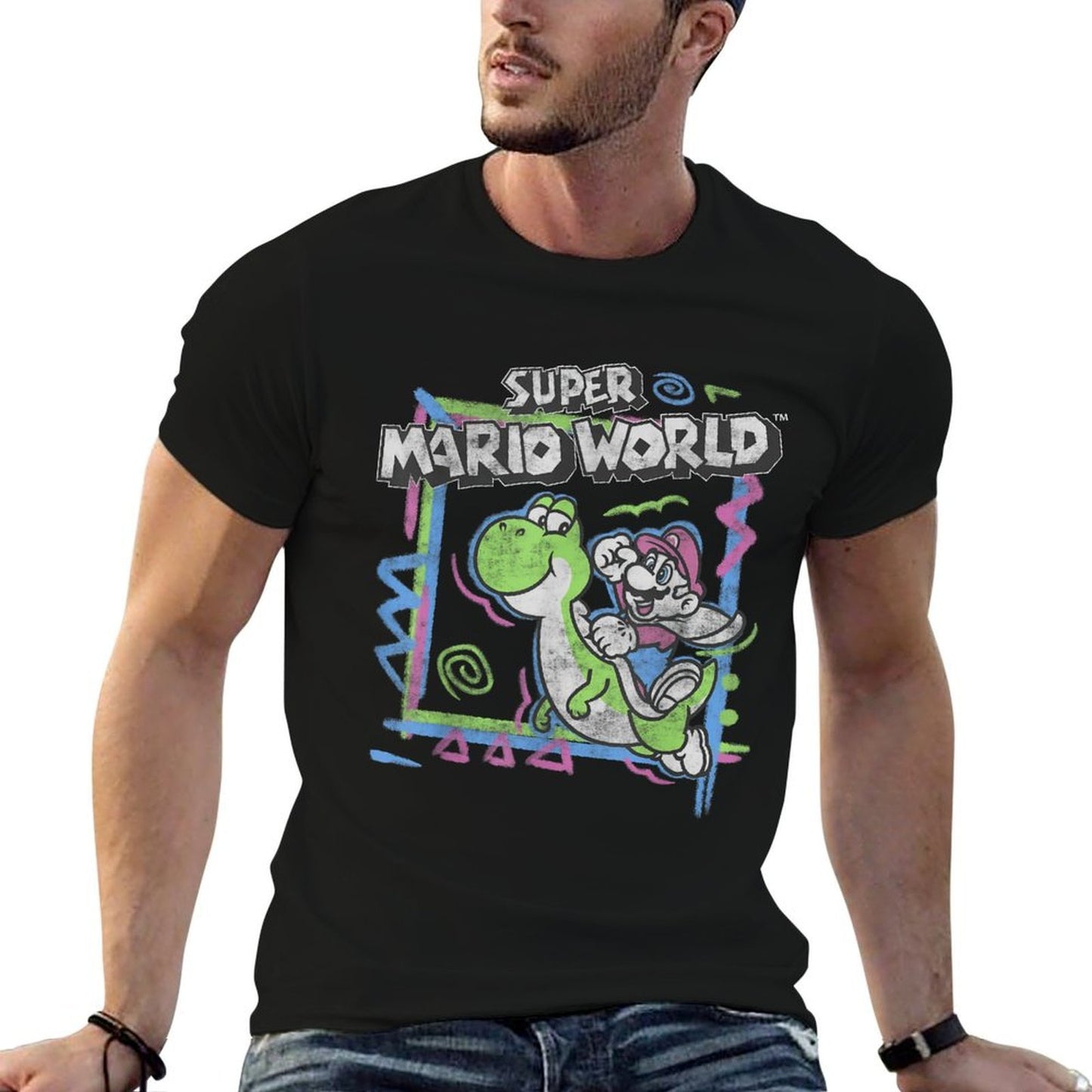 Super Mario World 90's Neon Abstract Nintendo Yoshi Ride  Heathered Texture T-Shirt