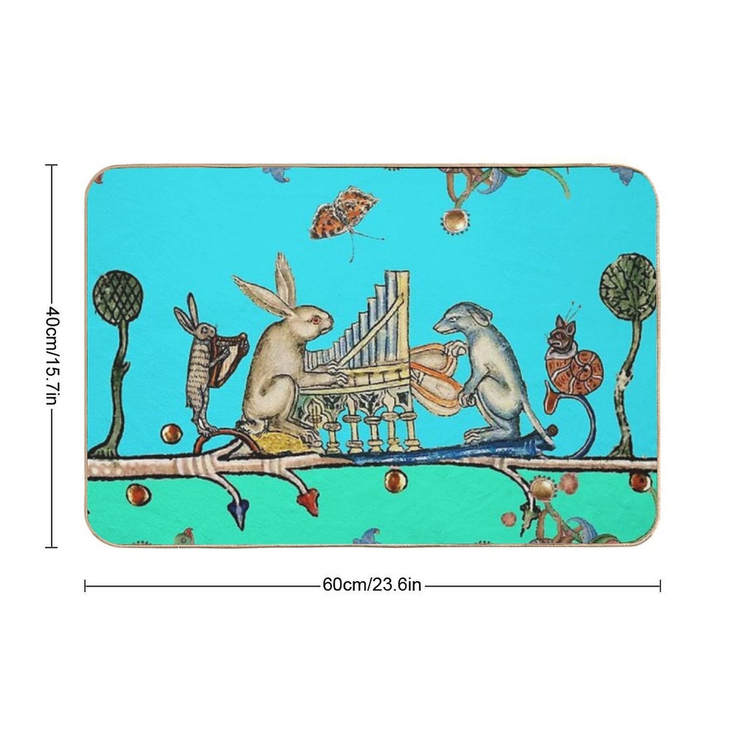 WEIRD MEDIEVAL BESTIARY MAKING MUSIC,White Rabbit And Dog Playing Organ, Harpist Hare, Snail Cat in Blue  Anti-Trip Bath Mat