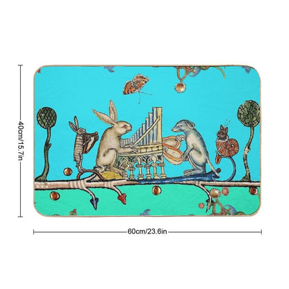 WEIRD MEDIEVAL BESTIARY MAKING MUSIC,White Rabbit And Dog Playing Organ, Harpist Hare, Snail Cat in Blue  Anti-Trip Bath Mat