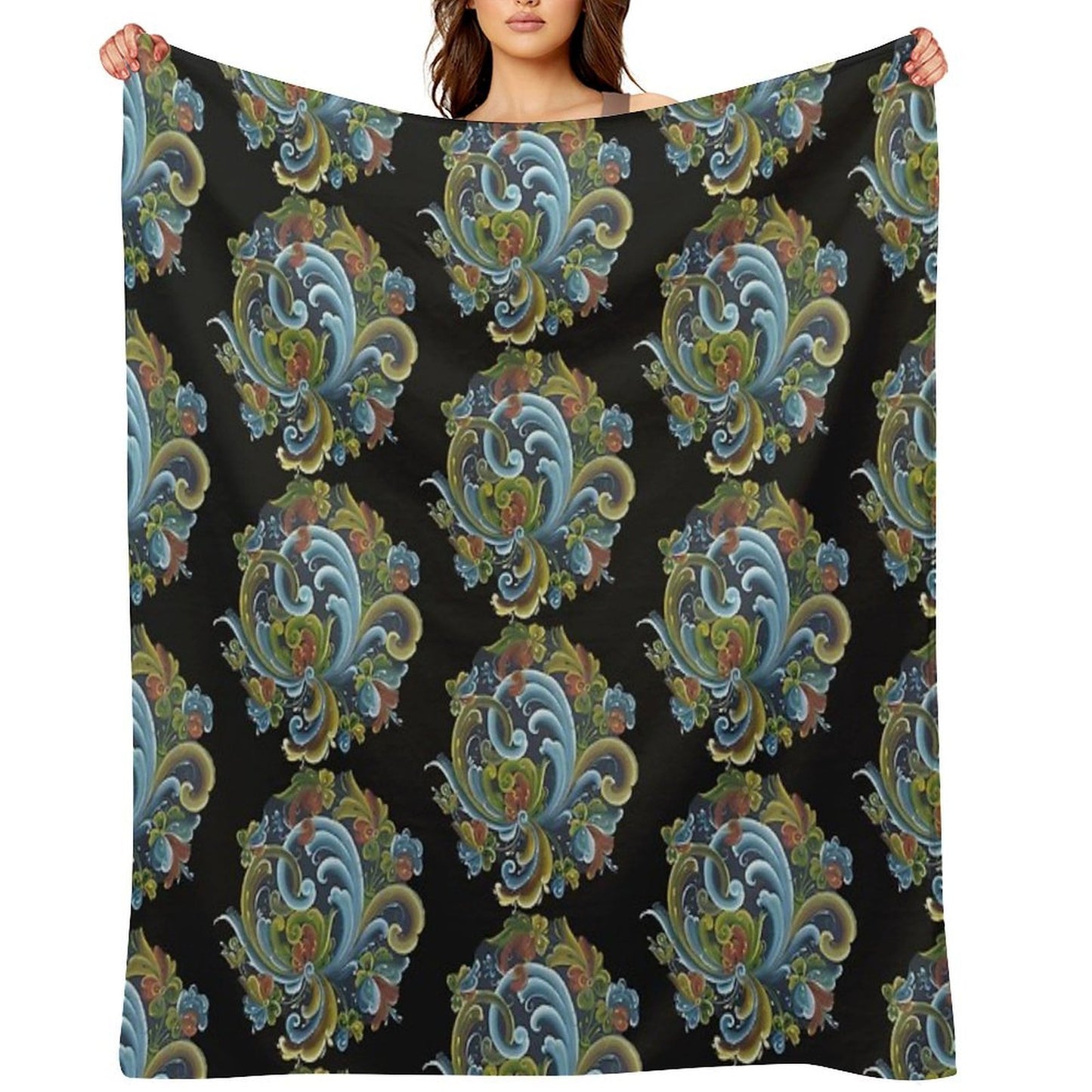 Traditional Norwegian Telemark Rosemaling Velvety-soft Throw Blanket