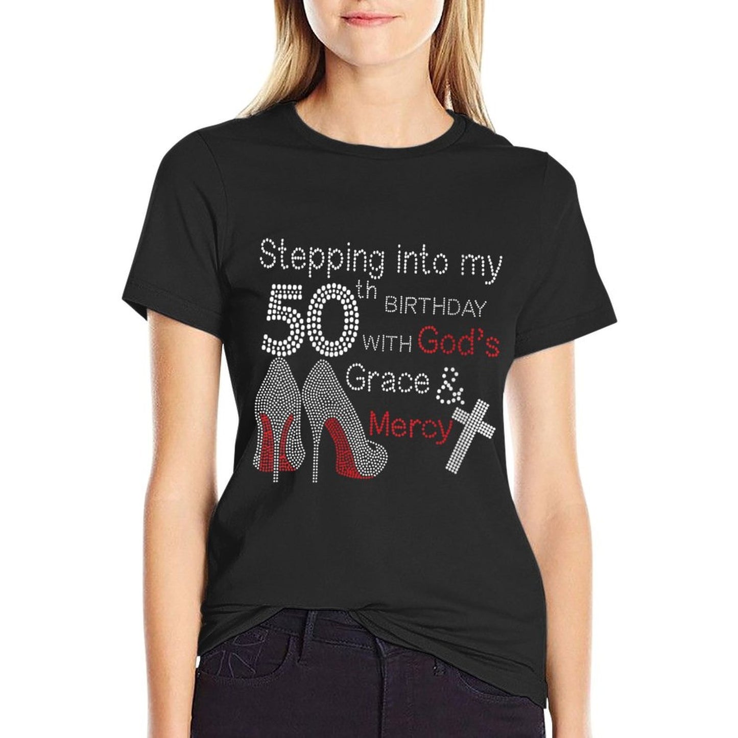 Womens Stepping Into My 50th Birthday With God's Grace And Mercy  Rolled Sleeves T-Shirt