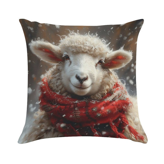 Sheep in The Snow with A Red Scarf Soft Hidden Zipper Throw Pillow