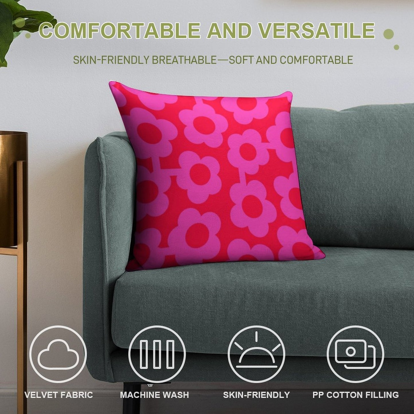 Iconic Retro Scandinavian Flowers in Pink And Neon Red Soft Short Plush Fabric Throw Pillow