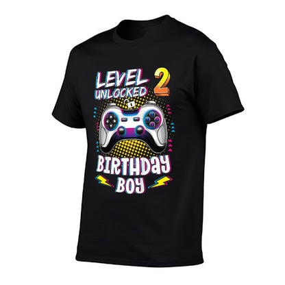 Kids 2 Years Old Birthday Level 2 Unlocked Gamer 2nd Birthday Boy  Summer-ready Fabric T-Shirt