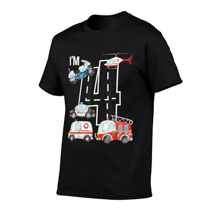 Emergency Vehicles 4th Birthday Fire Truck Police Car Boys  Easy-care T-Shirt