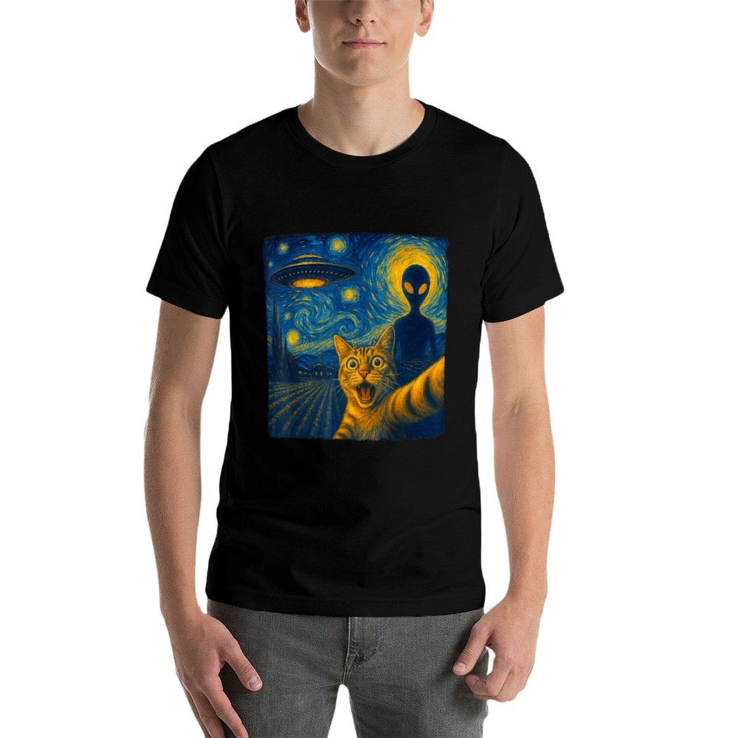 Cat Selfie with Alien UFO Van Gogh Art Gifts Men Women Kid  Oversized Silhouette T-Shirt