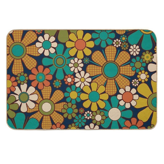 Retro Garden Gingham Flowers 60s 70s Floral Vintage Maximalist Pattern  High-Traffic Bath Mat