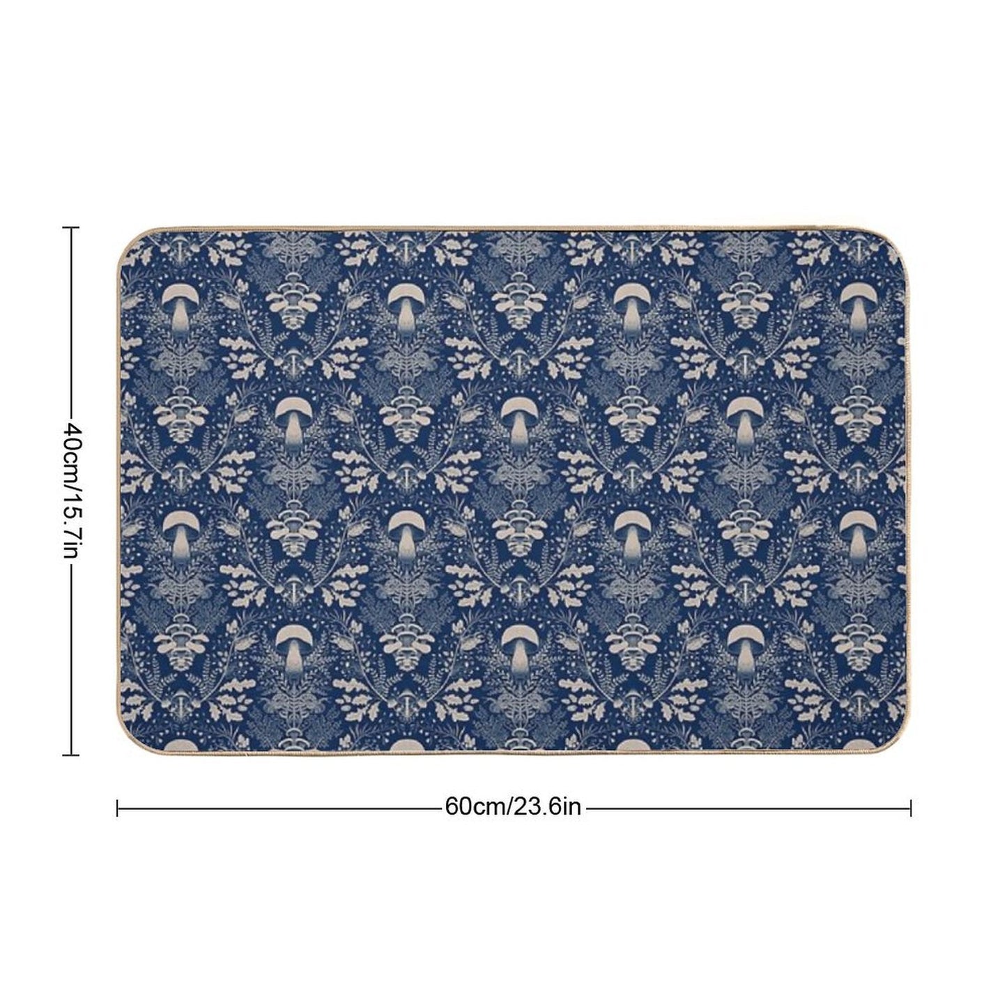 Mushrooms Forest Damask Navy Blue Beige  Pet-Safe Bath Mat