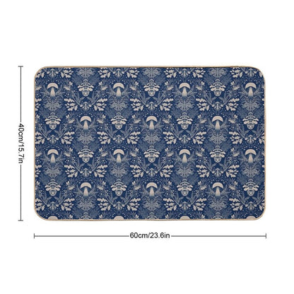 Mushrooms Forest Damask Navy Blue Beige  Pet-Safe Bath Mat