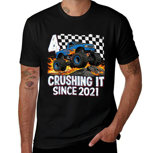 4th Birthday Monster Truck 4 Year Old Boys Party Born 2021  Ribbed Collar T-Shirt