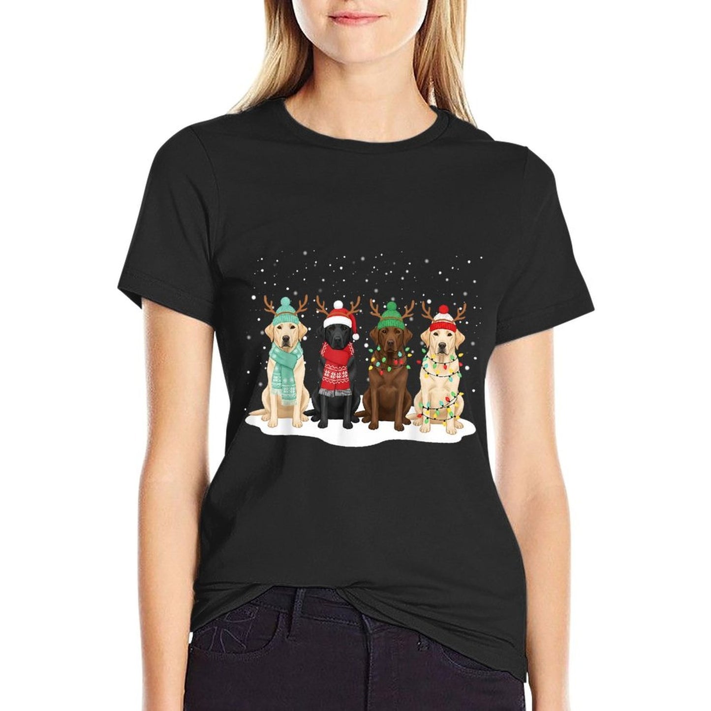 Black Lab Labrador Dog Christmas Crew Matching Family Xmas  Rolled Sleeves T-Shirt