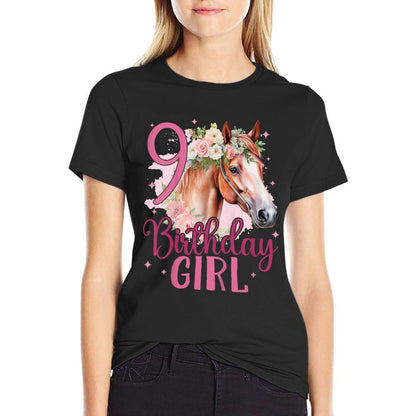 Kids 9th Birthday Horse Girl 9 Years Old Nine 9 Birthday Girl Comfortable T-Shirt