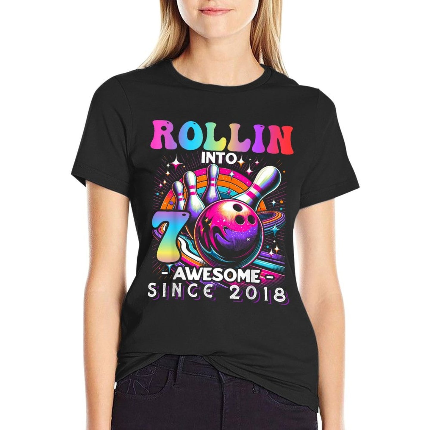 Bowling Party Rollin' 7 Awesome 2018 7th Birthday Girls  Easy-care T-Shirt
