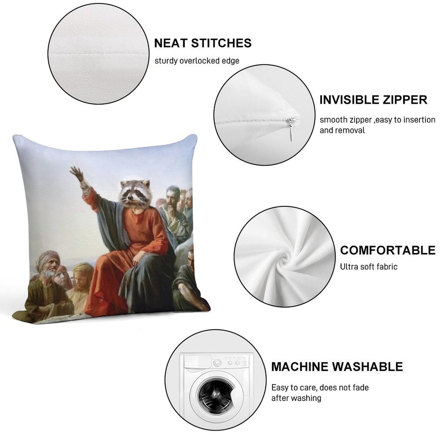 Raccoon Jesus Soft Short Plush Fabric Throw Pillow