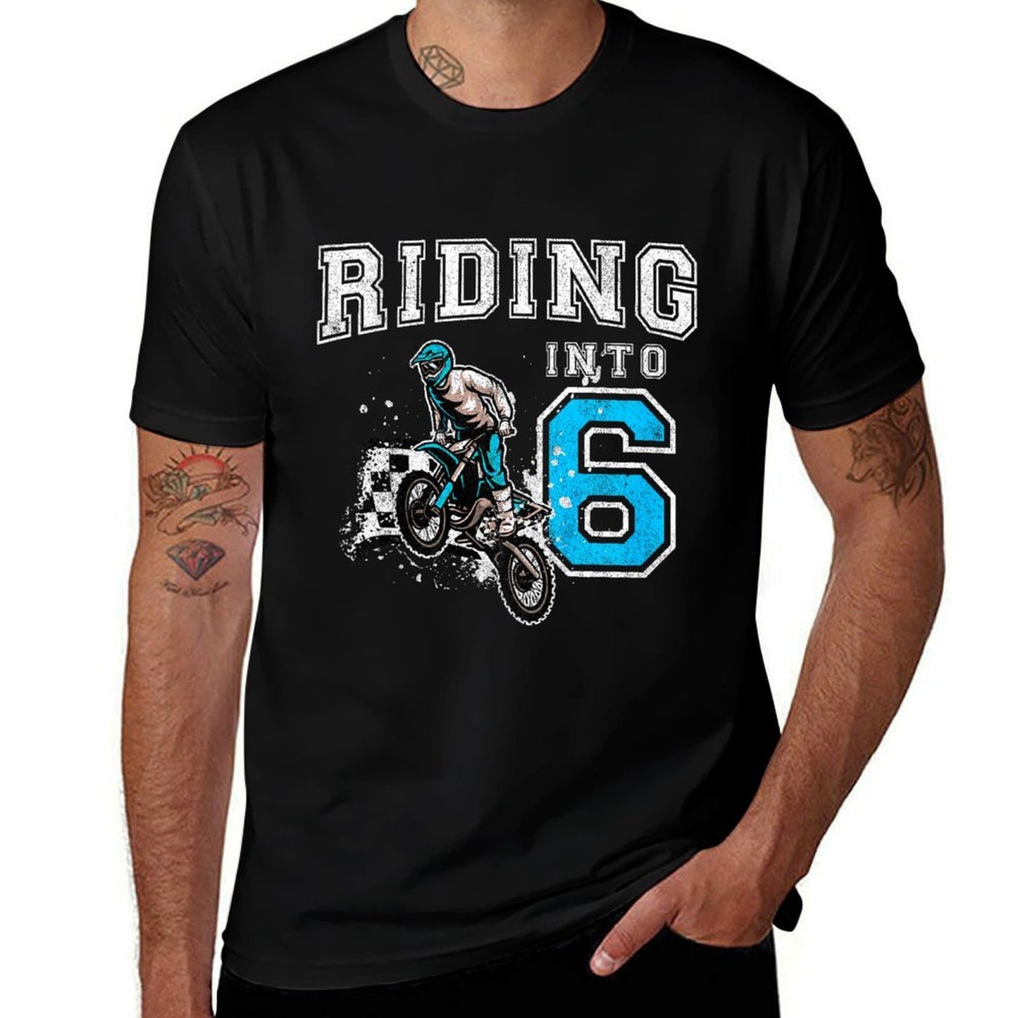 Kids Riding Into 6 Years Old 6th Birthday Boy Dirt Bike Party  Heathered Texture T-Shirt