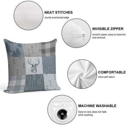 Deer Patchwork - Rustic Blue And Grey Soft Ultra-Soft Texture Throw Pillow