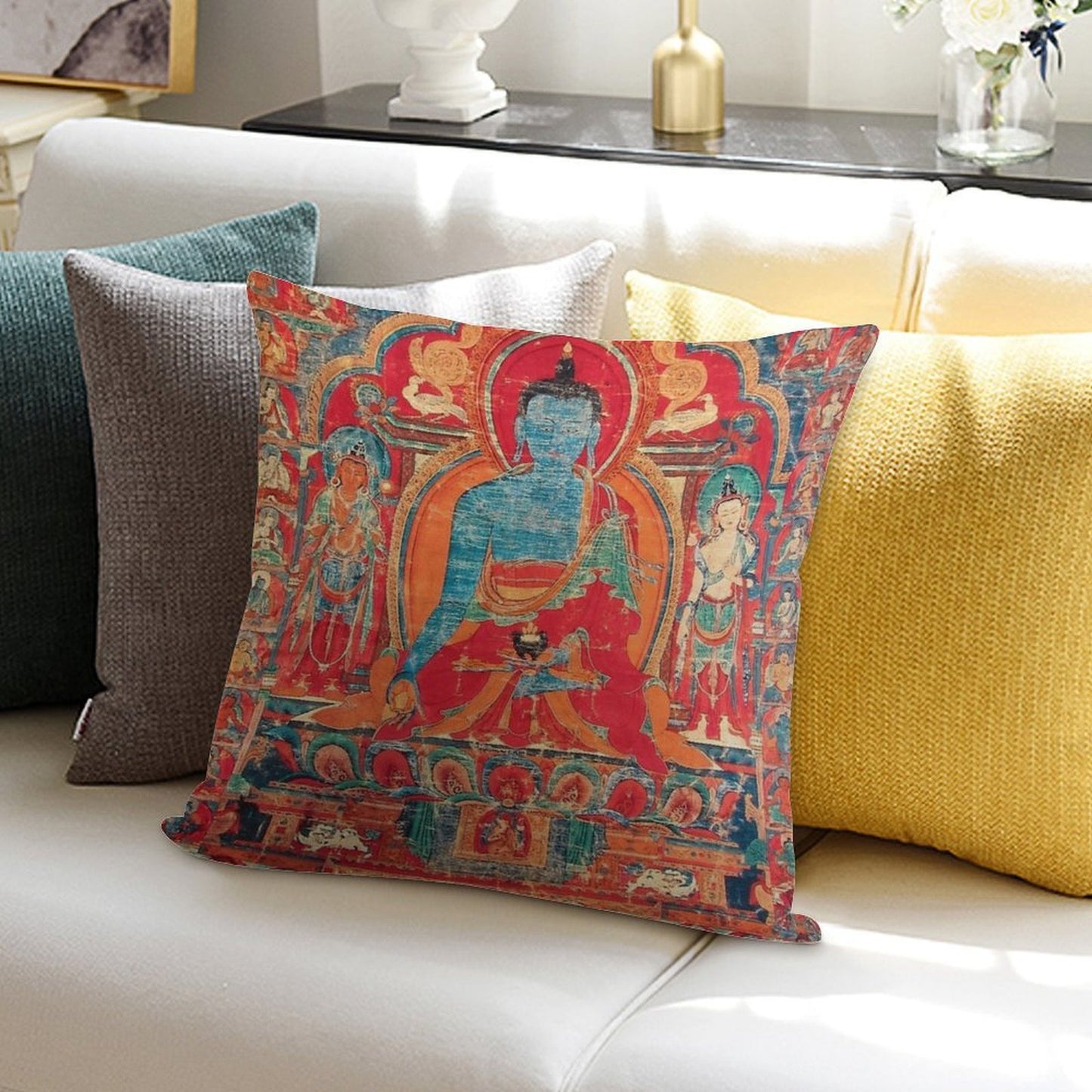 Mandala 140 Blue Medicine Buddha Soft Easy Maintenance Throw Pillow