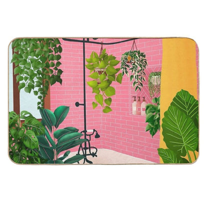 Pink Bathroom With Plants Durable Bath Mat