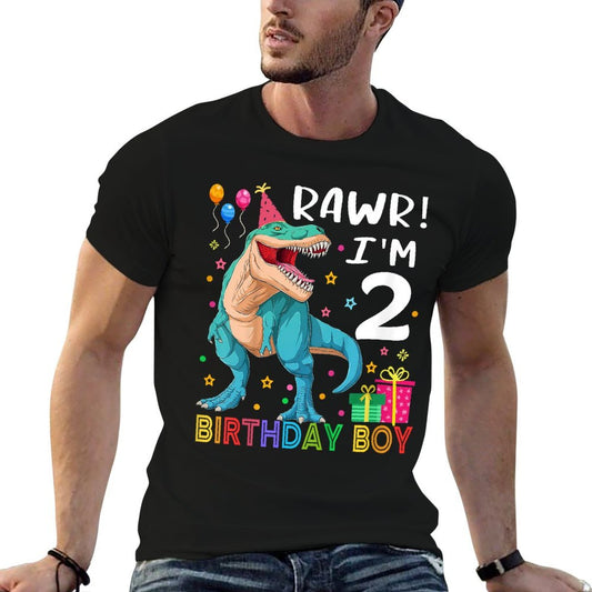 Kids Kids 2 Year Old 2nd Birthday Boy T Rex Dinosaur  Oversized Silhouette T-Shirt