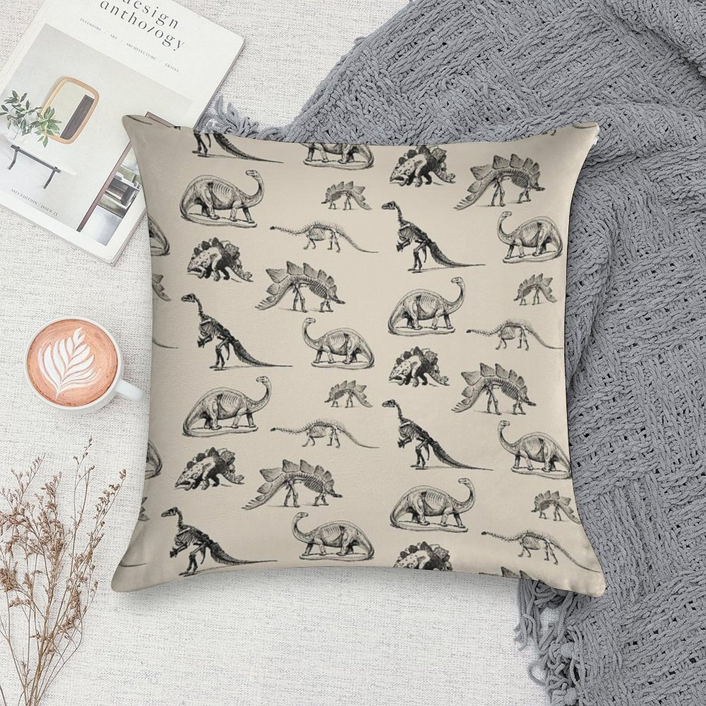 Vintage Museum Dinosaur Skeleton Illustrations, Black & Cream Dinos Soft Easy Maintenance Throw Pillow