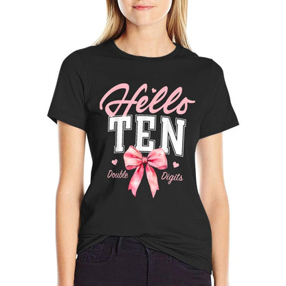 Hello Ten Double Digits Cute Coquette Bow 10th Birthday Girl  Cotton T-Shirt