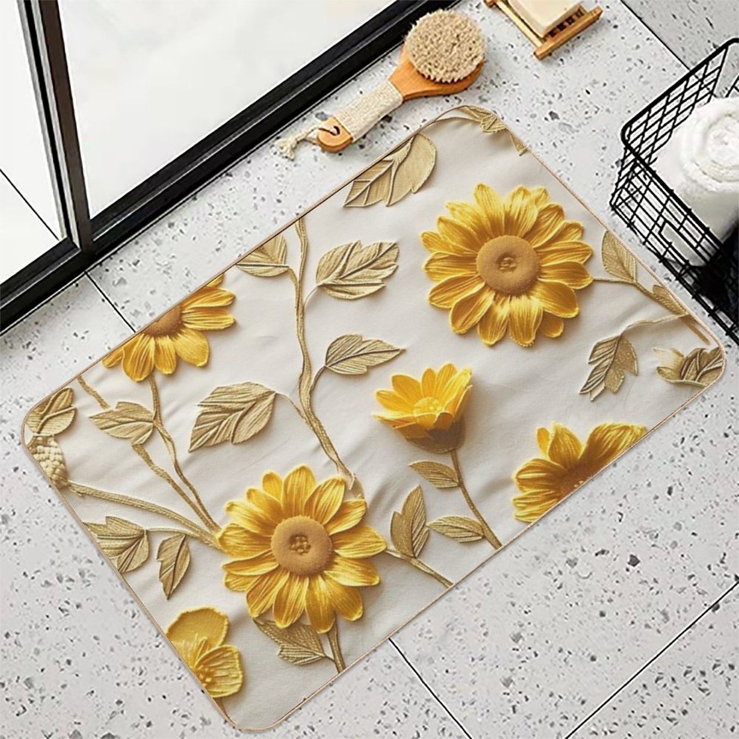 Textured Yellow And White Sunflower Pattern  Slip-Resistant Bath Mat