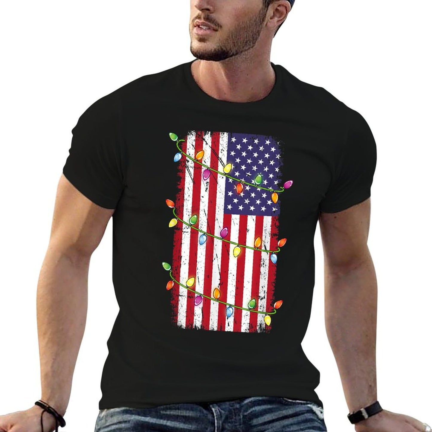 Christmas Lights USA Patriotic Veteran Christmas  Tagless Design T-Shirt