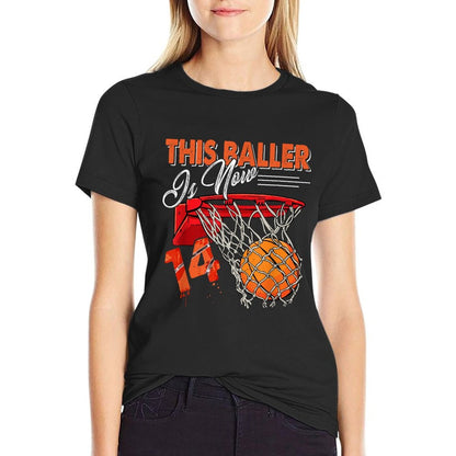 14th Birthday Basketball Funny 14 Years Old Kids Gift  Ribbed Collar T-Shirt