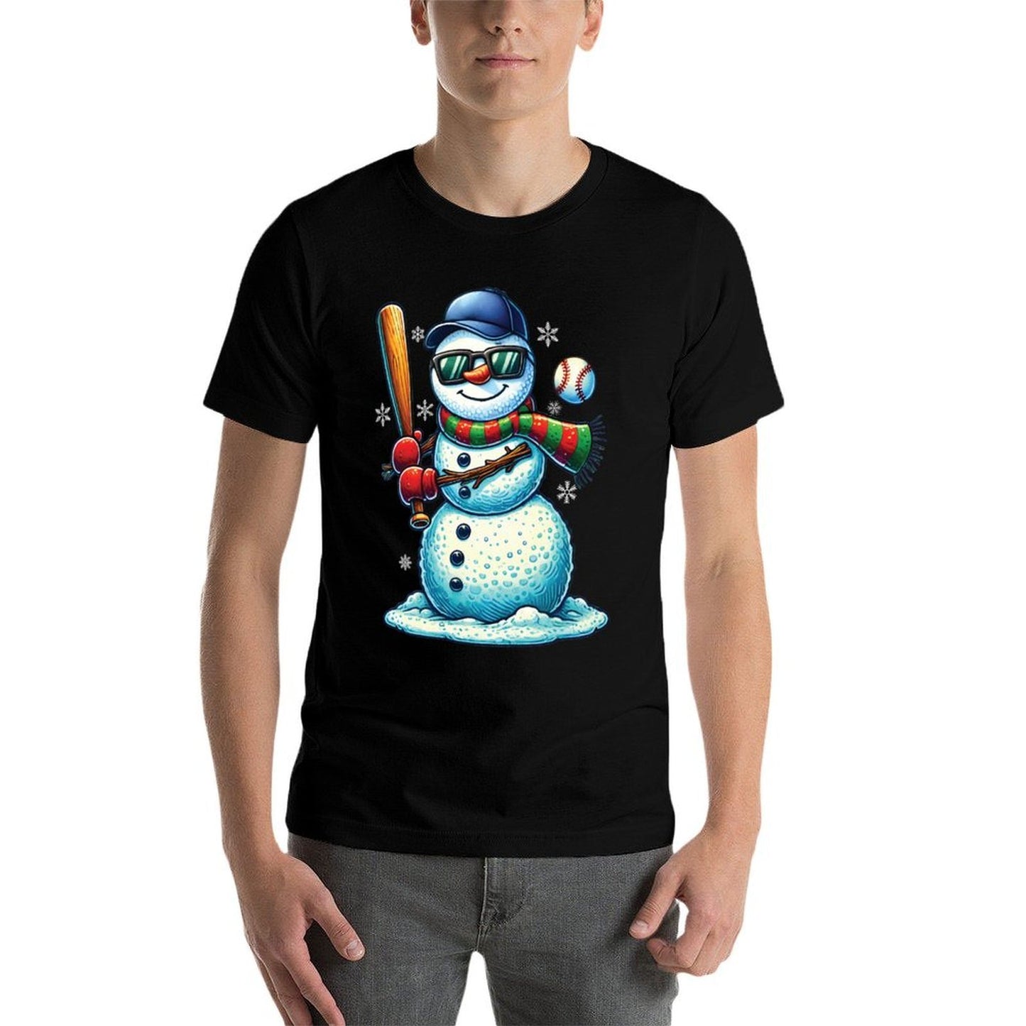 Snowman Playing Baseball Lovers Boys Kidsns Christmas  High-quality Stitching T-Shirt