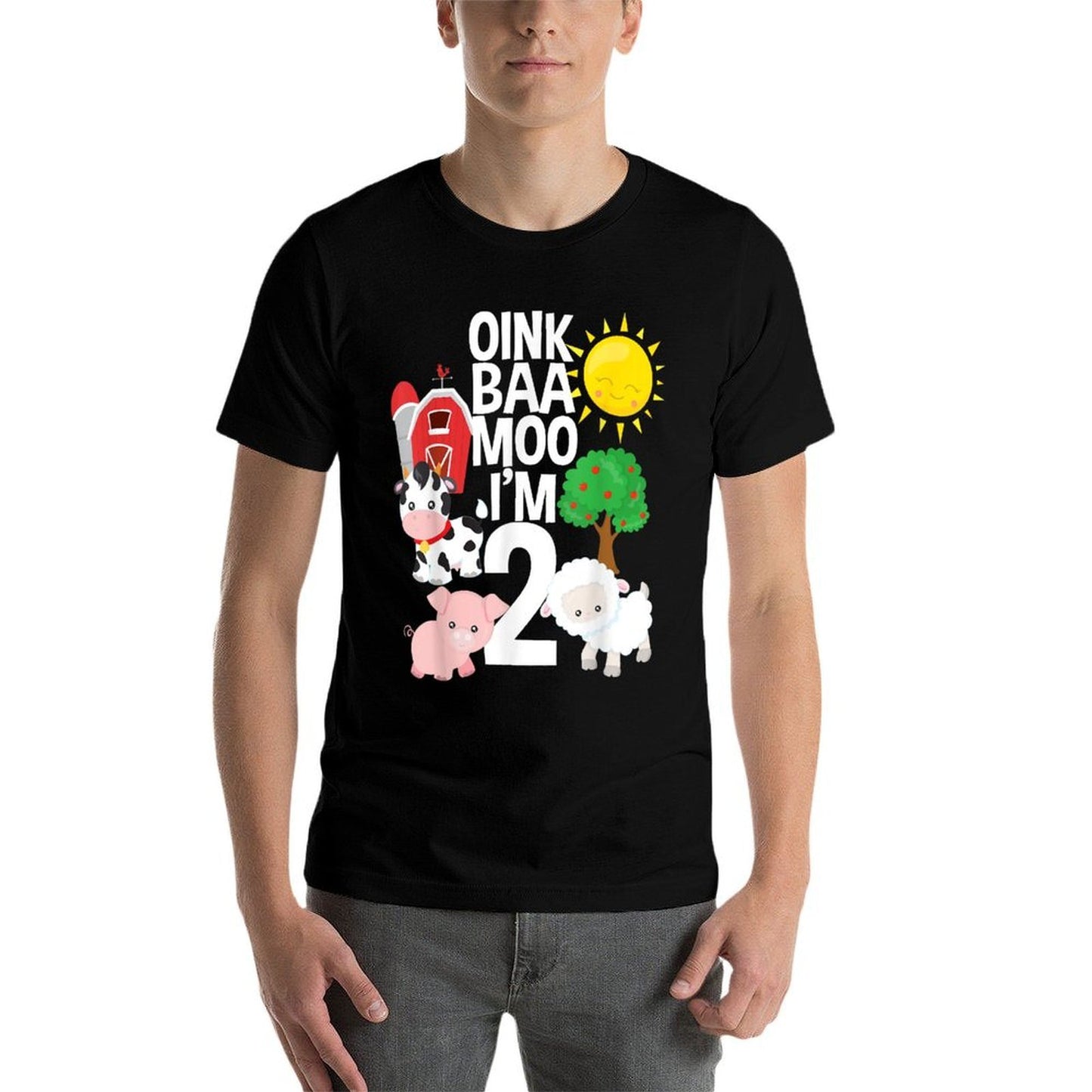 Oink Baa Moo I'm 2 Farm Theme Birthday Gift 2 Yrs Old  Ribbed Collar T-Shirt