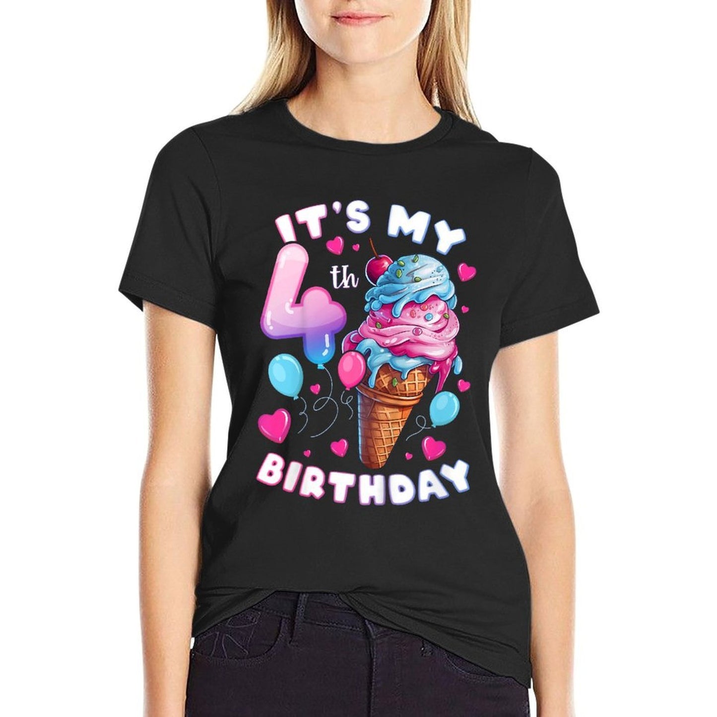 Kids 4th Birthday Girl 4 Years, Ice Cream, Number 4 Comfortable T-Shirt