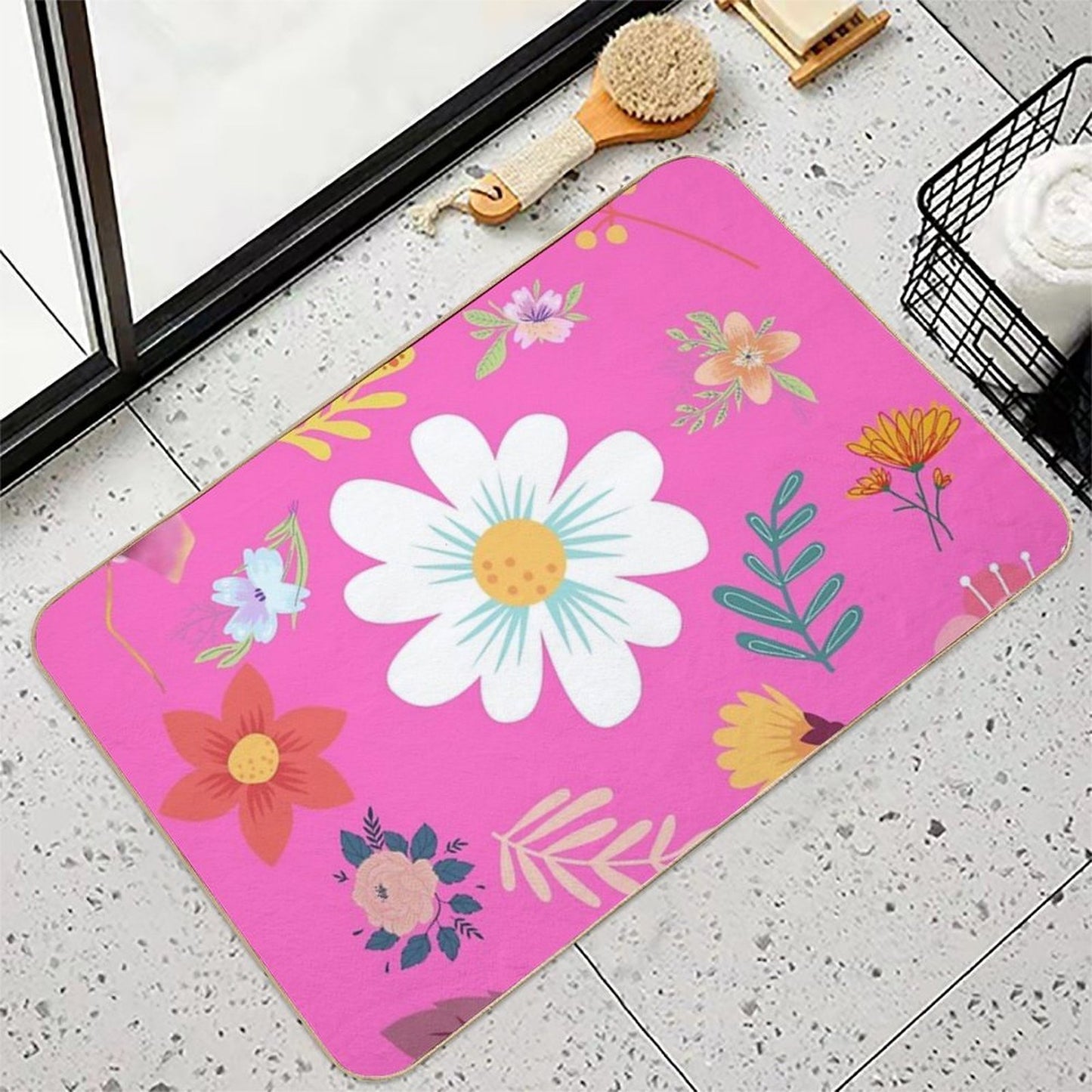 Random Floral Pattern 11 Neon Pink Background Color  High-Traffic Bath Mat