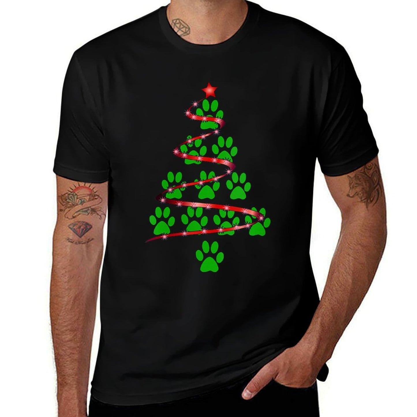 Womens Dog Paws Print Christmas Tree for Dog Lovers  Summer-ready Fabric T-Shirt