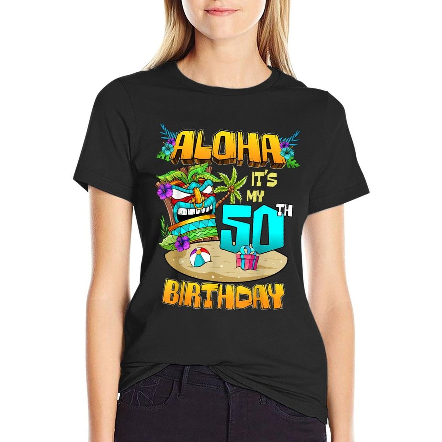 Aloha 50th Birthday Hawaii Tiki Hawaiian Theme 50 Years Old Comfortable T-Shirt