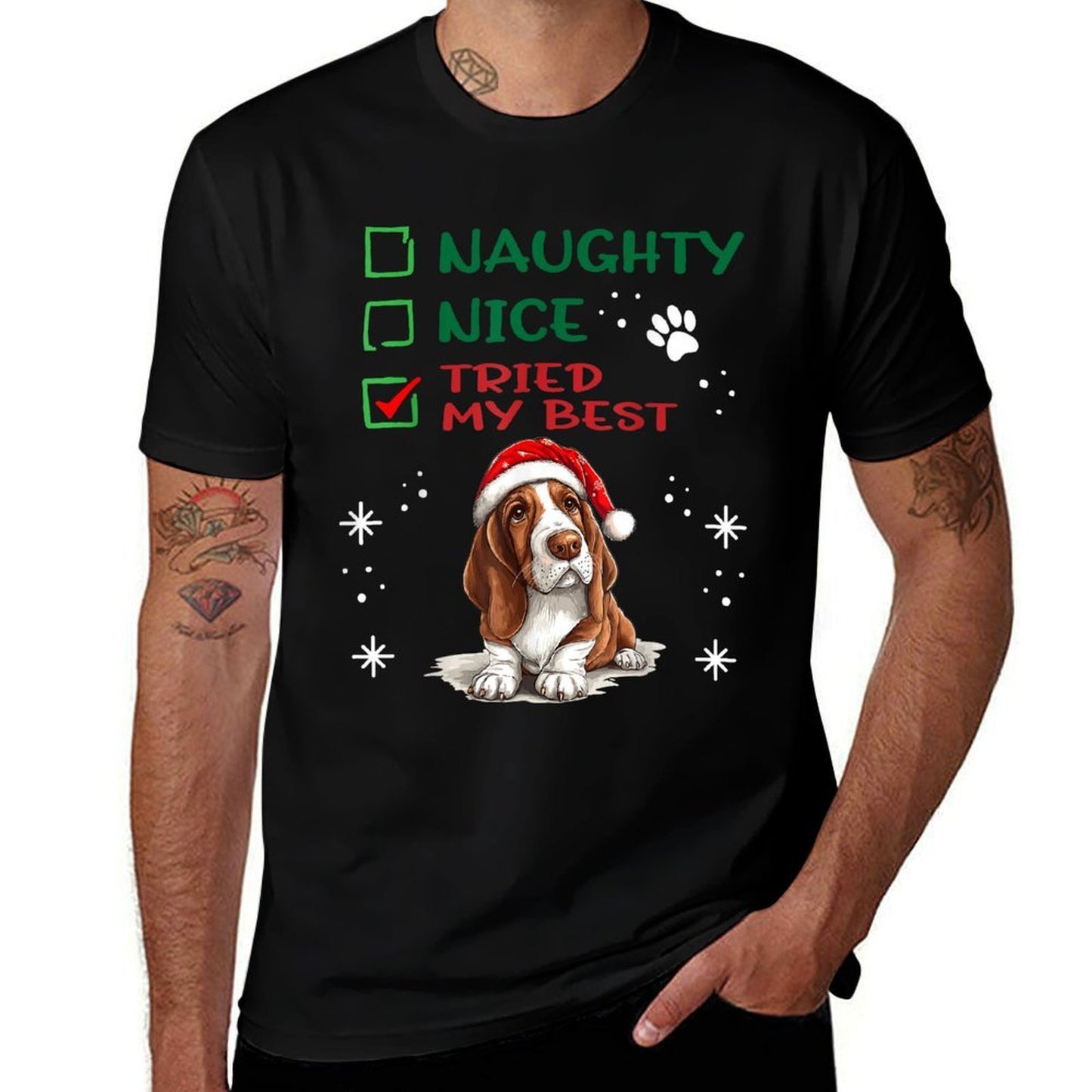 Cute Basset Hound Dog Christmas Naughty Nice Tried My Best for Men Women Kids  Stretchy T-Shirt