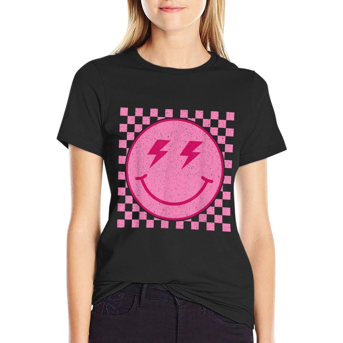 Retro Pink Happy Face Checkered Pattern Smile Face Trendy  Slim-fit Cut T-Shirt