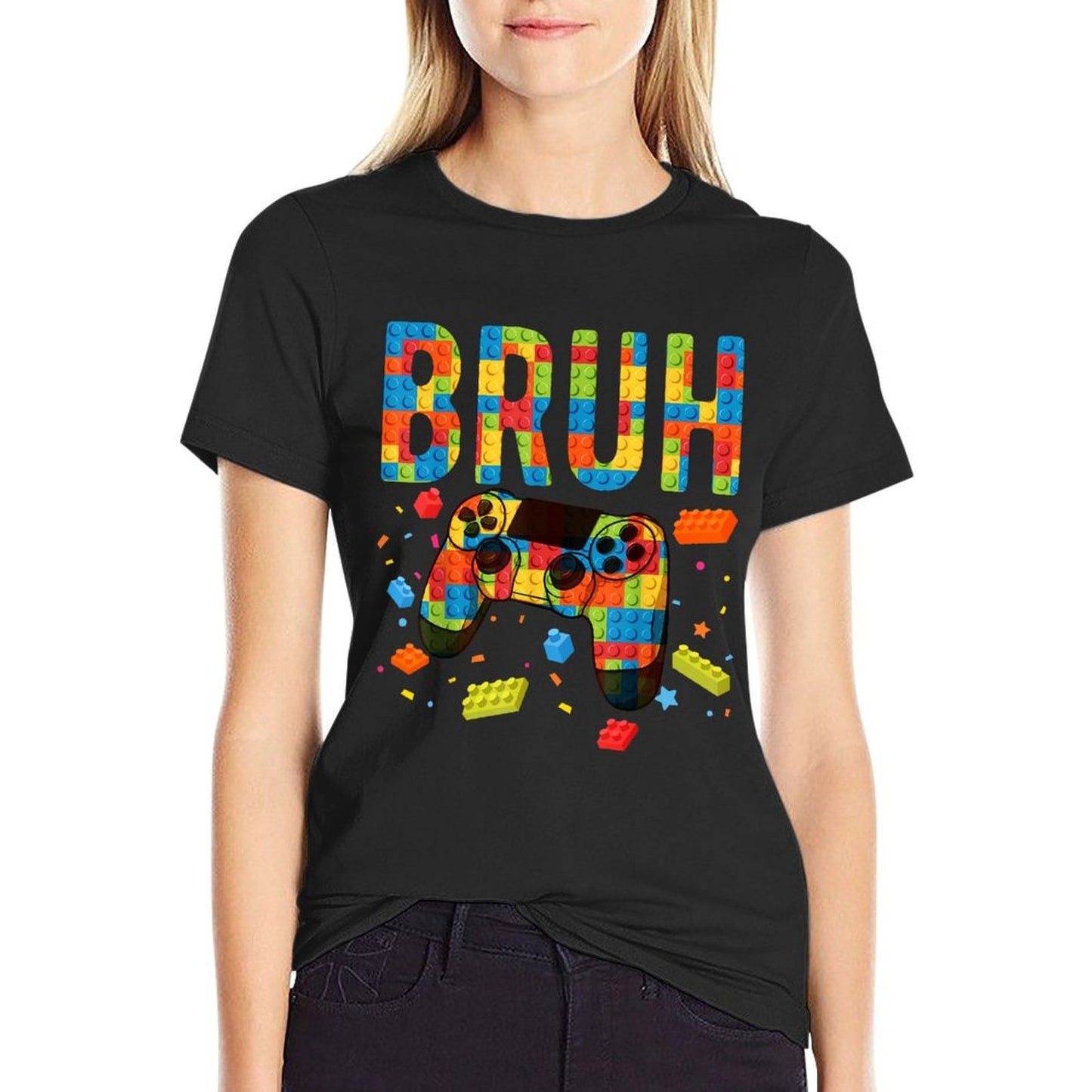 Building Blocks Bruh Gamer Brick Builder Boy  Fade-proof Color T-Shirt