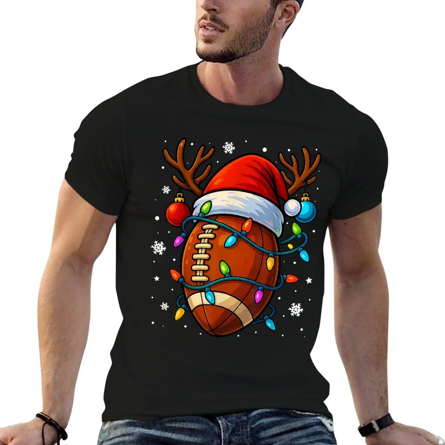 Christmas Football Santa Hat Lights Xmas Pajamas Men Boys  Relaxed-fit T-Shirt