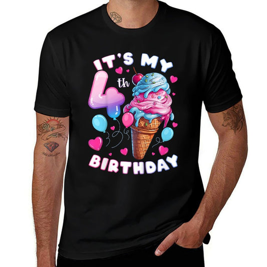 Kids 4th Birthday Girl 4 Years, Ice Cream, Number 4 Comfortable T-Shirt