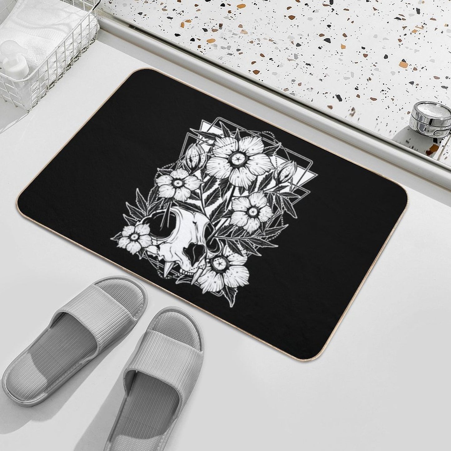 Cat Skull And Pretty Flowers  Pet-Safe Bath Mat