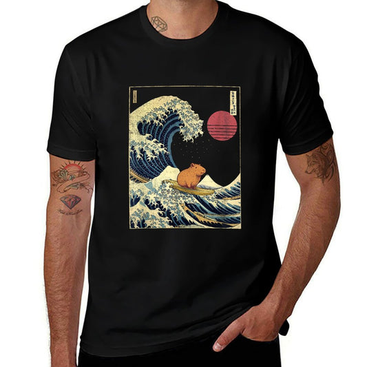 Capybara Japanese Kanagawa Wave Funny Surf Animal Rolled Sleeves T-Shirt